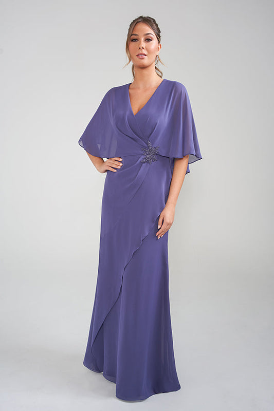 K228017 Graceful Chiffon Fit and Flare Dress with Attached Cape and Beaded Applique Shoulder