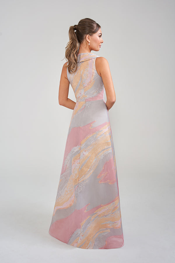 K228020 Elegant Chiffon Sheath Gown with Flowy Slit Sleeves and Wide Cinching Sequin Waistband