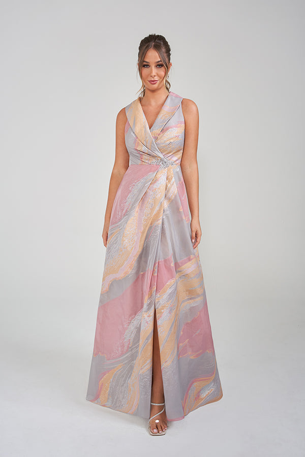 K228020 Elegant Chiffon Sheath Gown with Flowy Slit Sleeves and Wide Cinching Sequin Waistband