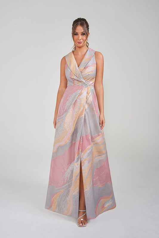 K228020 Elegant Chiffon Sheath Gown with Flowy Slit Sleeves and Wide Cinching Sequin Waistband