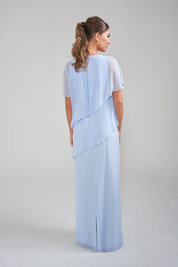 K228022 Luminous Jacquard A-line Gown with Off-the-Shoulder Neckline and Double Ruffle Cuff Sleeves