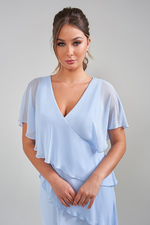 K228022 Luminous Jacquard A-line Gown with Off-the-Shoulder Neckline and Double Ruffle Cuff Sleeves