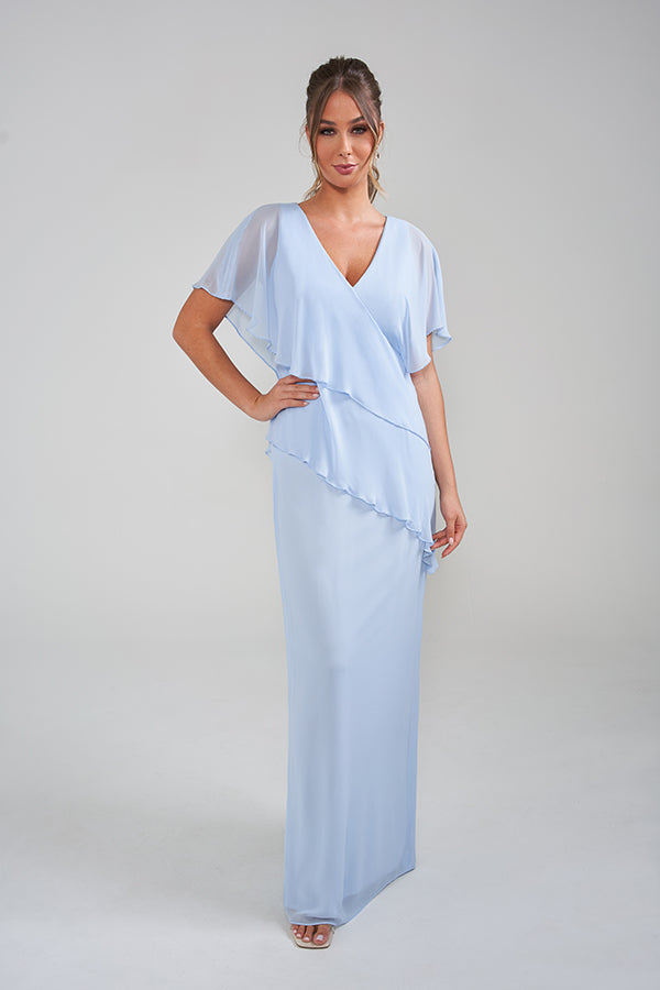 K228022 Luminous Jacquard A-line Gown with Off-the-Shoulder Neckline and Double Ruffle Cuff Sleeves