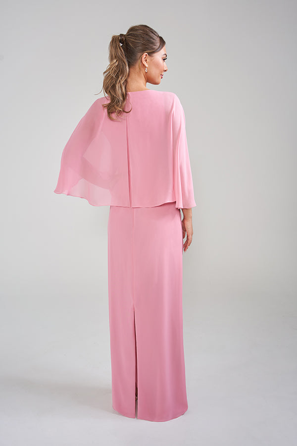 K228023 Graceful Chiffon Sheath Gown with V-Neckline and Angled Flutter Draping