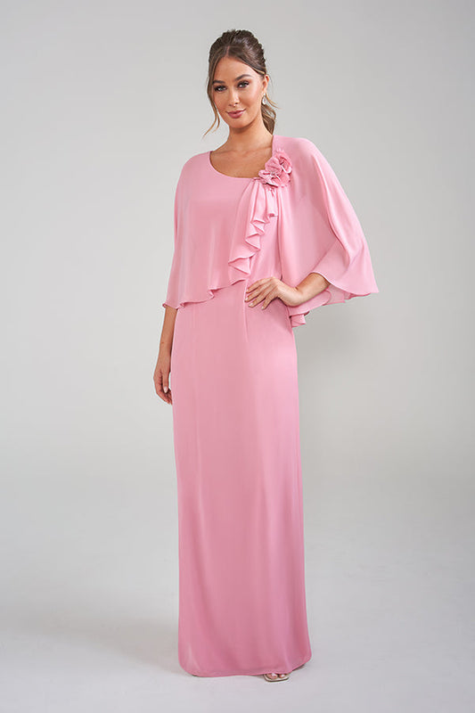 K228023 Graceful Chiffon Sheath Gown with V-Neckline and Angled Flutter Draping