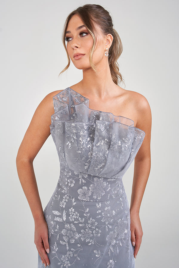 K228025 Striking Embroidery Lace Fit and Flare Gown with One Shoulder Ruffle and Pleated Neckline