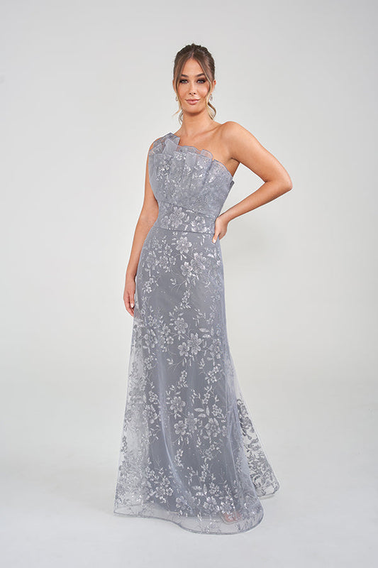 K228025 Striking Embroidery Lace Fit and Flare Gown with One Shoulder Ruffle and Pleated Neckline