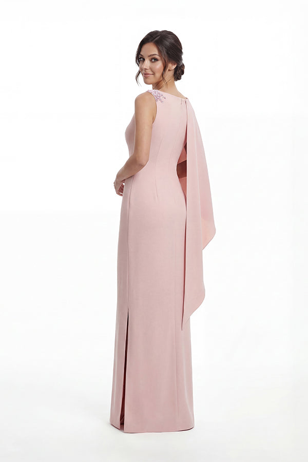 K288051 |Sleek Stretch Soft Crepe Sheath Gown with Boat Neckline and Asymmetrical Draped One Shoulder Sleeve