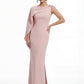 K288051 |Sleek Stretch Soft Crepe Sheath Gown with Boat Neckline and Asymmetrical Draped One Shoulder Sleeve