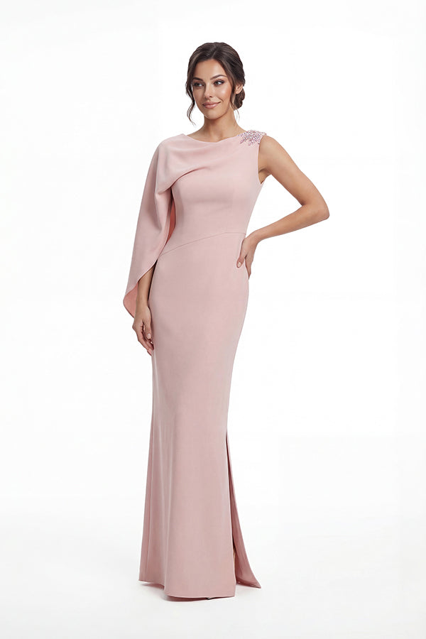 K288051 |Sleek Stretch Soft Crepe Sheath Gown with Boat Neckline and Asymmetrical Draped One Shoulder Sleeve