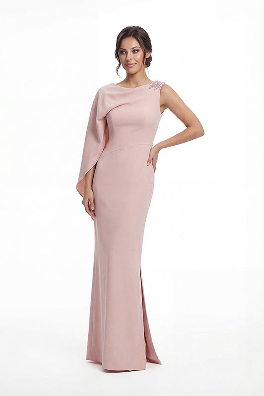 K288051 |Sleek Stretch Soft Crepe Sheath Gown with Boat Neckline and Asymmetrical Draped One Shoulder Sleeve