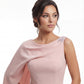 K288051 |Sleek Stretch Soft Crepe Sheath Gown with Boat Neckline and Asymmetrical Draped One Shoulder Sleeve
