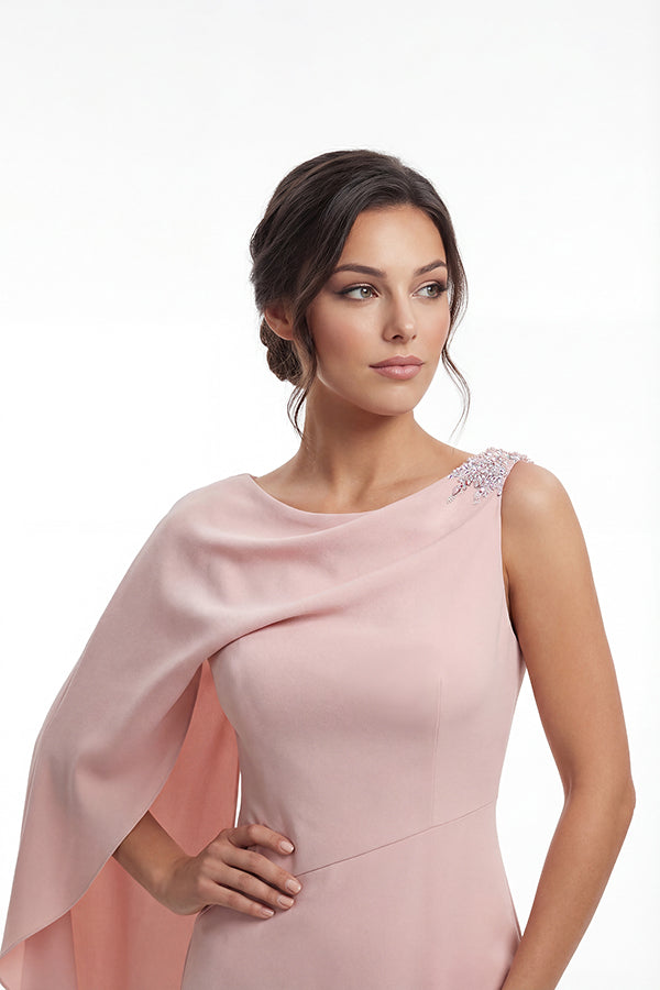 K288051 |Sleek Stretch Soft Crepe Sheath Gown with Boat Neckline and Asymmetrical Draped One Shoulder Sleeve