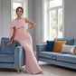 K288051 |Sleek Stretch Soft Crepe Sheath Gown with Boat Neckline and Asymmetrical Draped One Shoulder Sleeve