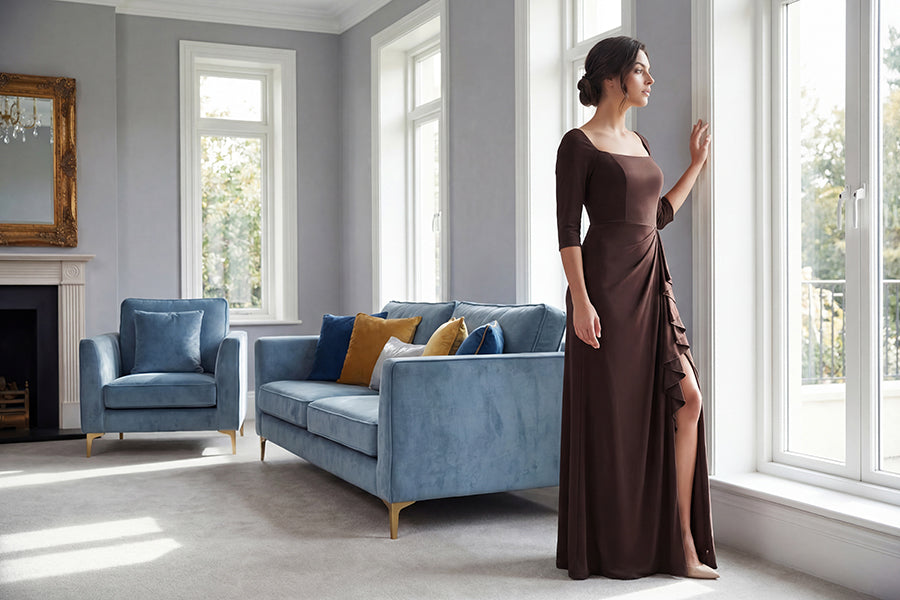 K288052 | Sophisticated Fit and Flare Matte Jersey Dress with Portrait Neckline and Quarter Sleeves