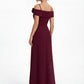 K288053 |Stunning Fit and Flare Stretch Soft Crepe Gown with Portrait Neckline and Flower Accent