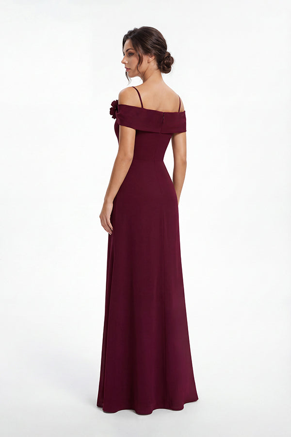 K288053 |Stunning Fit and Flare Stretch Soft Crepe Gown with Portrait Neckline and Flower Accent