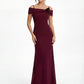 K288053 |Stunning Fit and Flare Stretch Soft Crepe Gown with Portrait Neckline and Flower Accent