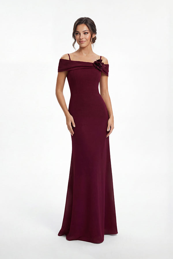 K288053 |Stunning Fit and Flare Stretch Soft Crepe Gown with Portrait Neckline and Flower Accent