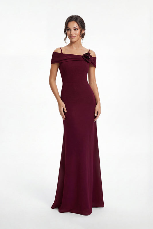 K288053 |Stunning Fit and Flare Stretch Soft Crepe Gown with Portrait Neckline and Flower Accent