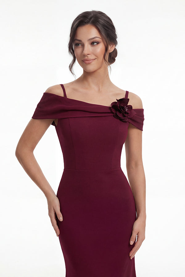 K288053 |Stunning Fit and Flare Stretch Soft Crepe Gown with Portrait Neckline and Flower Accent