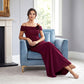 K288053 |Stunning Fit and Flare Stretch Soft Crepe Gown with Portrait Neckline and Flower Accent