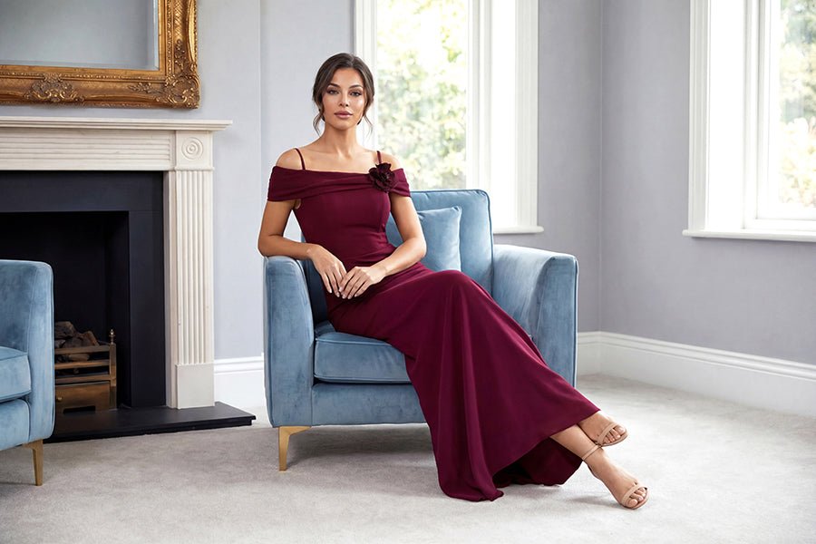 K288053 |Stunning Fit and Flare Stretch Soft Crepe Gown with Portrait Neckline and Flower Accent