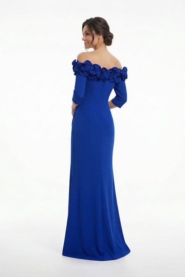 K288054 | Elegant Stretch Soft Crepe Fit and Flare Gown with Flower Detailed Portrait Neckline and Quarter Sleeves