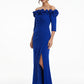K288054 | Elegant Stretch Soft Crepe Fit and Flare Gown with Flower Detailed Portrait Neckline and Quarter Sleeves