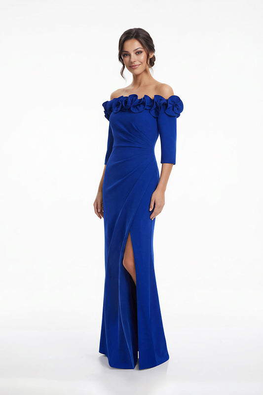 K288054 | Elegant Stretch Soft Crepe Fit and Flare Gown with Flower Detailed Portrait Neckline and Quarter Sleeves