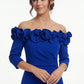 K288054 | Elegant Stretch Soft Crepe Fit and Flare Gown with Flower Detailed Portrait Neckline and Quarter Sleeves