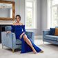 K288054 | Elegant Stretch Soft Crepe Fit and Flare Gown with Flower Detailed Portrait Neckline and Quarter Sleeves