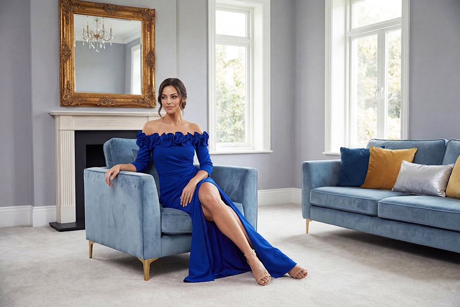 K288054 | Elegant Stretch Soft Crepe Fit and Flare Gown with Flower Detailed Portrait Neckline and Quarter Sleeves