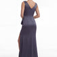 K288055 | Stunning Fit and Flare Marquis Satin Dress with Gathers At The Waistline and Beaded Flower One Shoulder Detail