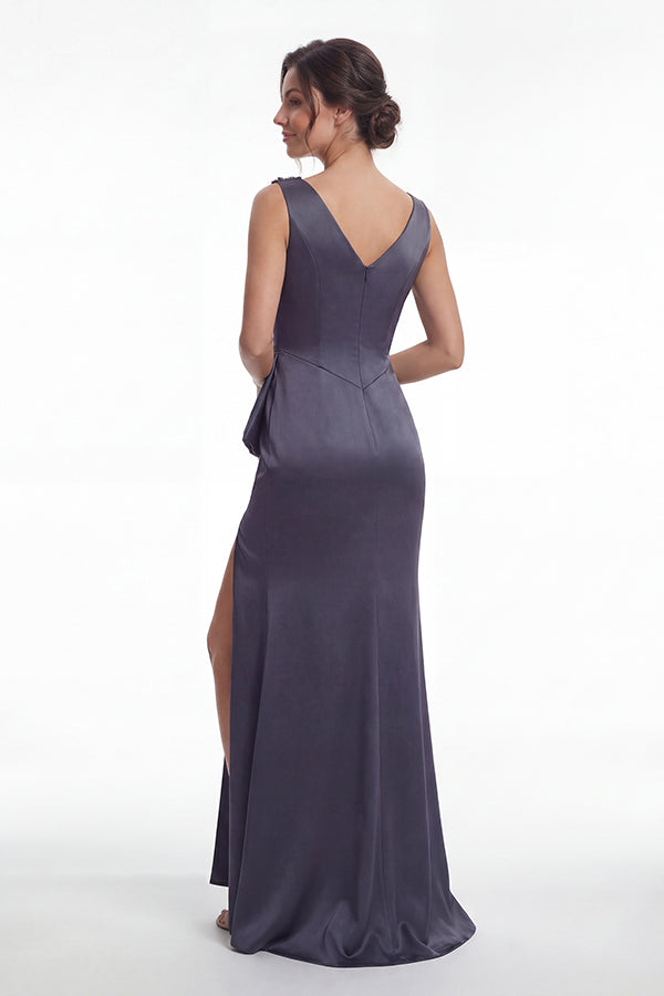 K288055 | Stunning Fit and Flare Marquis Satin Dress with Gathers At The Waistline and Beaded Flower One Shoulder Detail