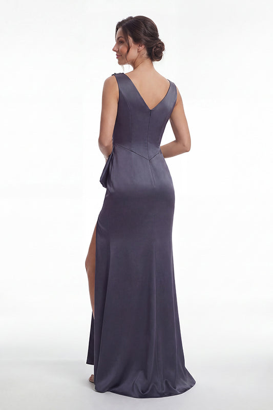 K288055 | Stunning Fit and Flare Marquis Satin Dress with Gathers At The Waistline and Beaded Flower One Shoulder Detail