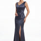 K288055 | Stunning Fit and Flare Marquis Satin Dress with Gathers At The Waistline and Beaded Flower One Shoulder Detail