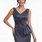 K288055 | Stunning Fit and Flare Marquis Satin Dress with Gathers At The Waistline and Beaded Flower One Shoulder Detail