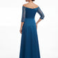 K288056 | Refined Marquis Satin Fit and Flare Gown with Lace Quarter Sleeves and Side Gathers