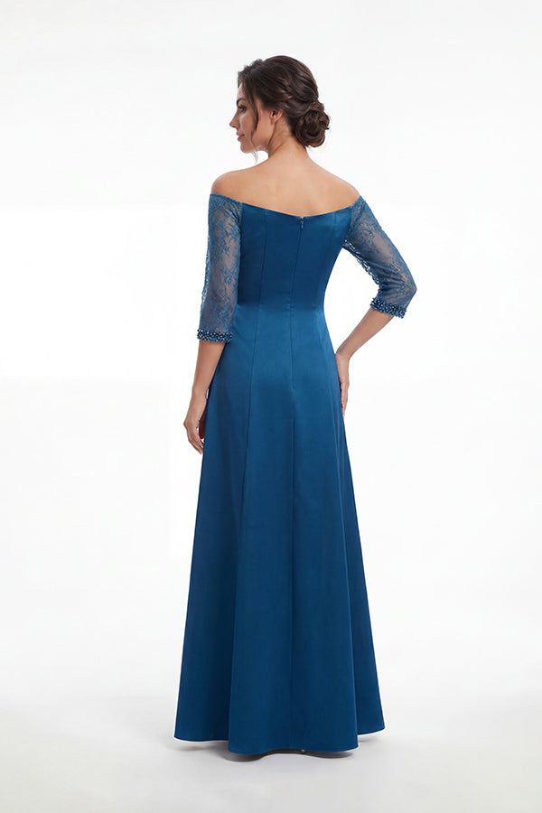 K288056 | Refined Marquis Satin Fit and Flare Gown with Lace Quarter Sleeves and Side Gathers