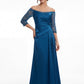 K288056 | Refined Marquis Satin Fit and Flare Gown with Lace Quarter Sleeves and Side Gathers