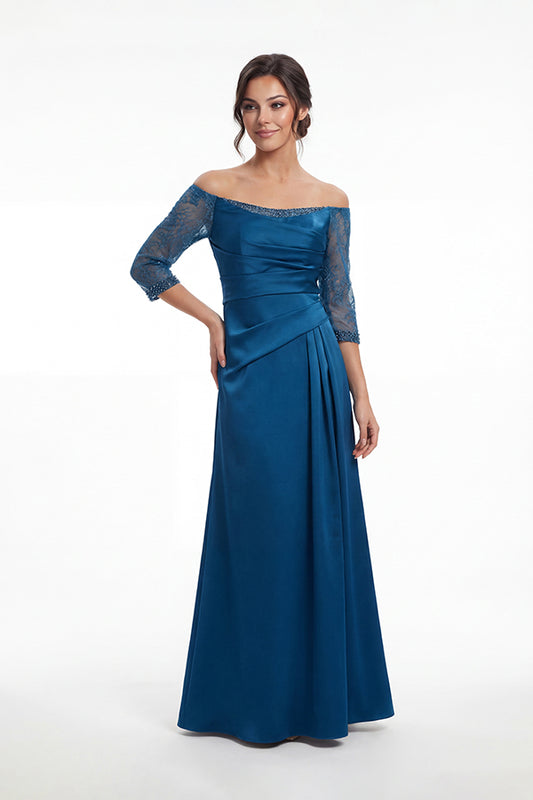 K288056 | Refined Marquis Satin Fit and Flare Gown with Lace Quarter Sleeves and Side Gathers
