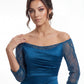 K288056 | Refined Marquis Satin Fit and Flare Gown with Lace Quarter Sleeves and Side Gathers
