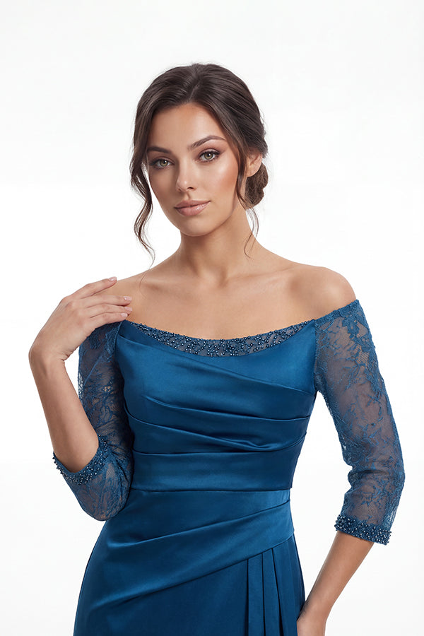 K288056 | Refined Marquis Satin Fit and Flare Gown with Lace Quarter Sleeves and Side Gathers