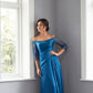 K288056 | Refined Marquis Satin Fit and Flare Gown with Lace Quarter Sleeves and Side Gathers