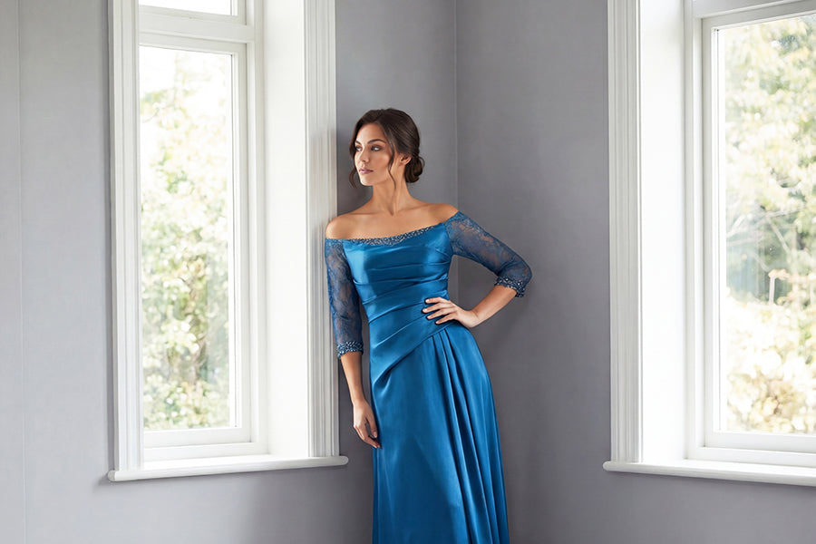K288056 | Refined Marquis Satin Fit and Flare Gown with Lace Quarter Sleeves and Side Gathers