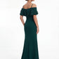 K288057 | Fresh Stretch Crepe Fit and Flare Gown with Off The Shoulder Portrait Collar with Beaded Flowers and Spaghetti Straps
