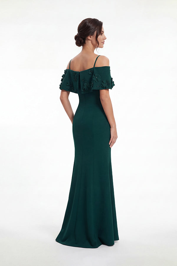 K288057 | Fresh Stretch Crepe Fit and Flare Gown with Off The Shoulder Portrait Collar with Beaded Flowers and Spaghetti Straps