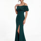 K288057 | Fresh Stretch Crepe Fit and Flare Gown with Off The Shoulder Portrait Collar with Beaded Flowers and Spaghetti Straps