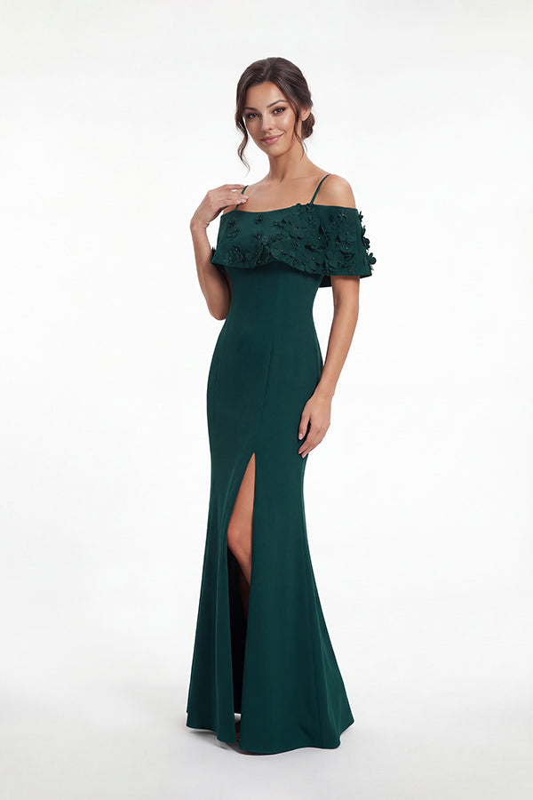 K288057 | Fresh Stretch Crepe Fit and Flare Gown with Off The Shoulder Portrait Collar with Beaded Flowers and Spaghetti Straps
